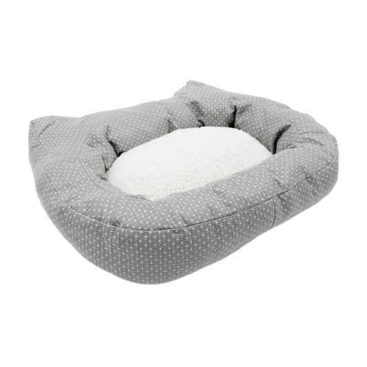 Grey Rosewood Dotty Feline Cat Bed with white fleece centre shown from the front on a white background
