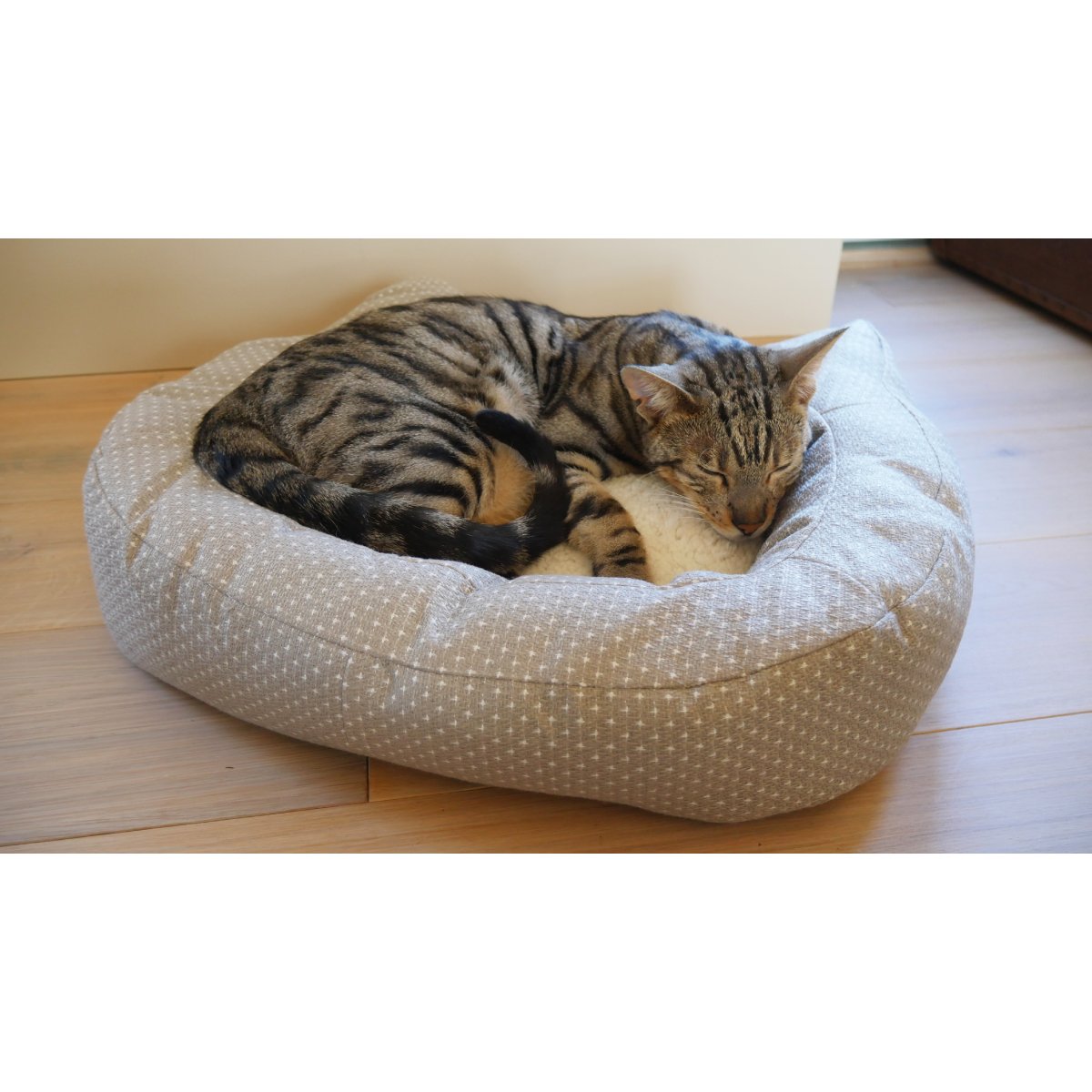 Cat curled up and sleeping inside the Rosewood Dotty Feline Cat Bed in a home setting