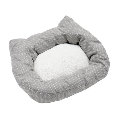 Top angled view of the grey Rosewood Dotty Feline Cat Bed with white fleece centre and padded sides