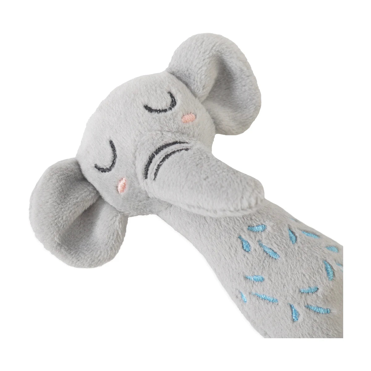 Close-up of the Rosewood Eco Friendly Elephant Grab Cat Toy showing its face, ears, trunk and embroidered details
