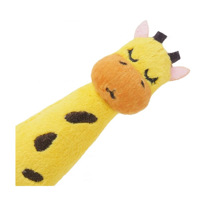 Close-up of the yellow Rosewood Eco Friendly Giraffe Grab Cat Toy showing its face and spotted body