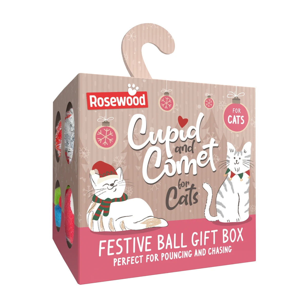 Rosewood Festive Ball Gift Box containing 8 Christmas cat toys, presented in Cupid & Comet packaging with festive cat illustrations and a hanging gift box handle.