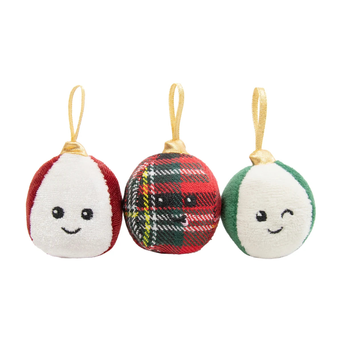 Rosewood Festive Bauble Trio Christmas cat toys showing three plush baubles in red, green and tartan with gold loops.