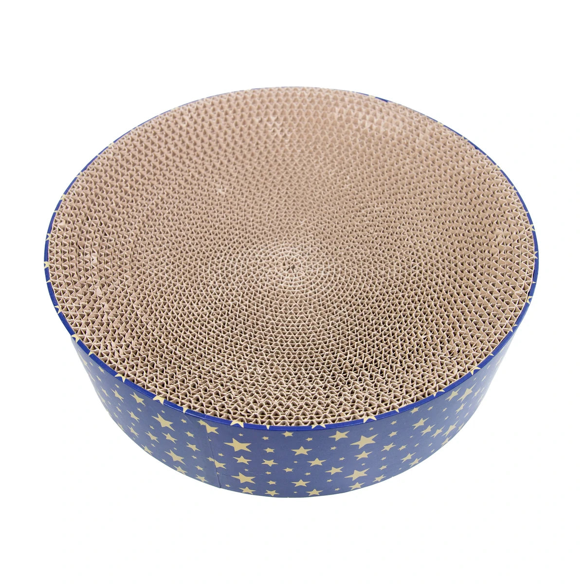 Top view of Rosewood Festive Cardboard Cat Scratcher showing the round natural corrugated cardboard scratching surface and navy blue outer edge.