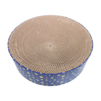 Top view of Rosewood Festive Cardboard Cat Scratcher showing the round natural corrugated cardboard scratching surface and navy blue outer edge.