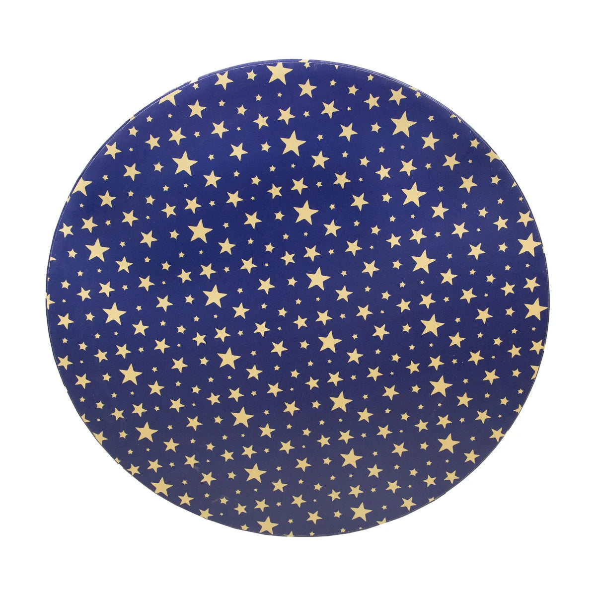 Underside of Rosewood Festive Cardboard Christmas Cat Scratcher showing the navy blue circular base covered in gold star patterns.