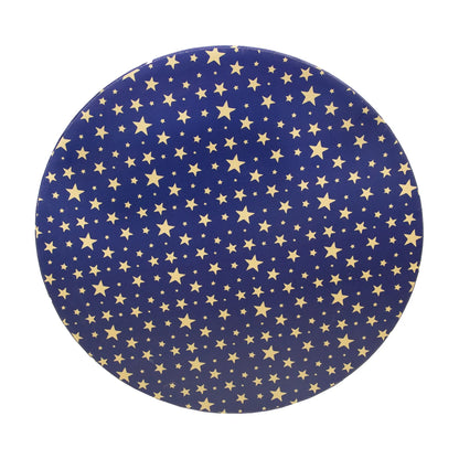 Underside of Rosewood Festive Cardboard Christmas Cat Scratcher showing the navy blue circular base covered in gold star patterns.