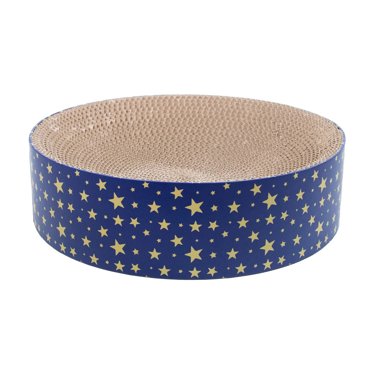Rosewood Festive Cardboard Christmas Cat Scratcher showing a round corrugated cardboard scratching surface with navy blue sides decorated in gold stars.