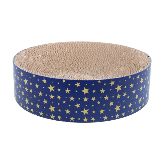 Rosewood Festive Cardboard Christmas Cat Scratcher showing a round corrugated cardboard scratching surface with navy blue sides decorated in gold stars.