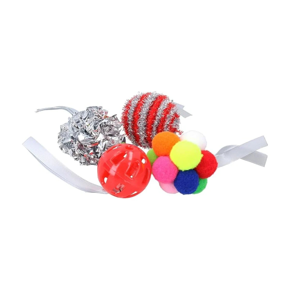 Assorted Rosewood Christmas cat play balls showing a red jingling ball, colourful pom-pom ball, silver crinkle ball and red and silver striped ball with ribbons.