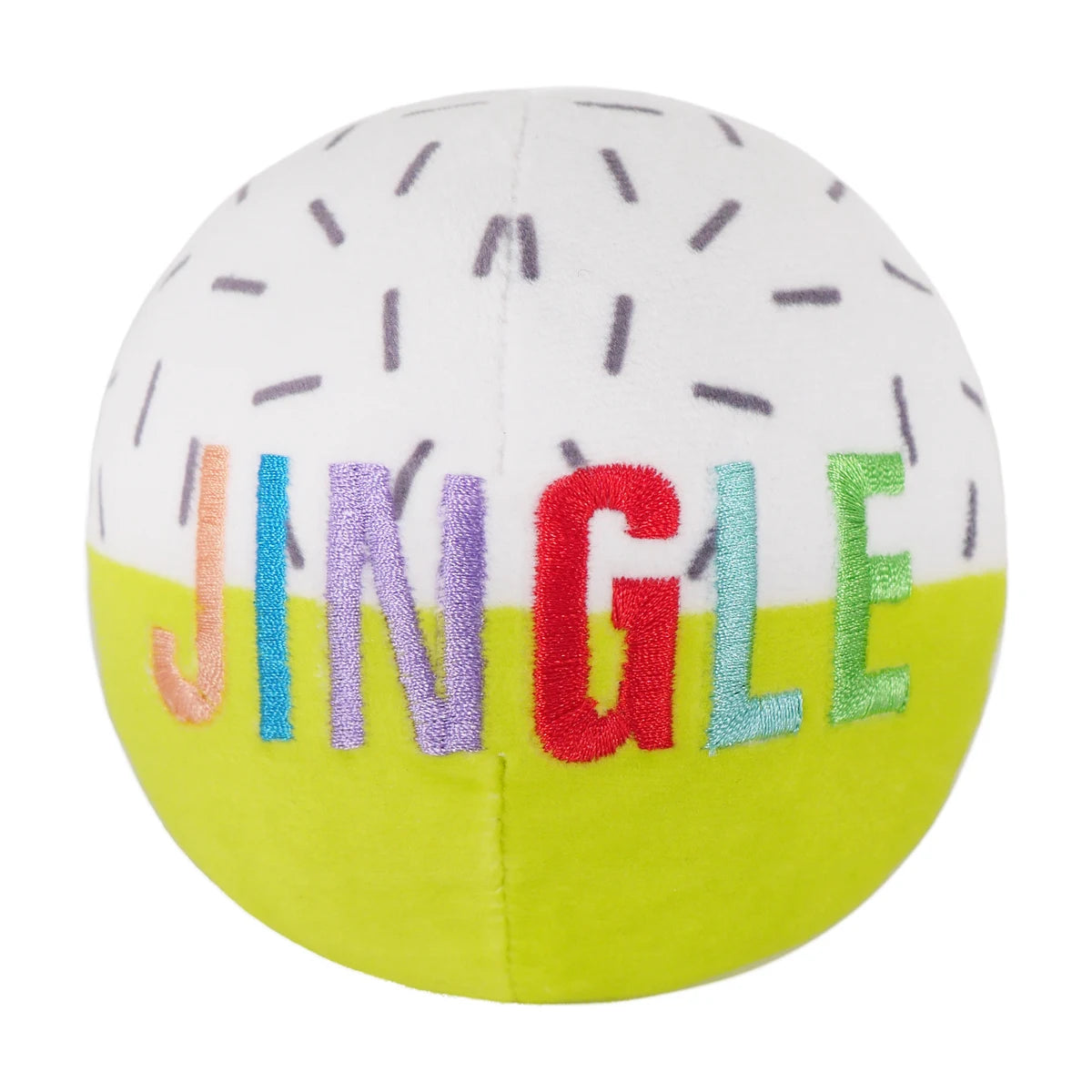 Rosewood Festive Plush Ball Duo Jingle Christmas dog toy with multicoloured embroidered lettering and bright green and white plush design