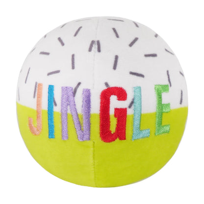 Rosewood Festive Plush Ball Duo Jingle Christmas dog toy with multicoloured embroidered lettering and bright green and white plush design