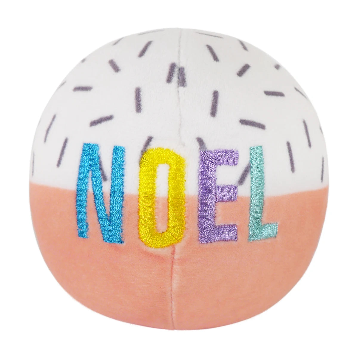 Rosewood Festive Plush Ball Duo Noel Christmas dog toy with colourful embroidered lettering and soft white and peach plush design.