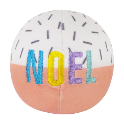Rosewood Festive Plush Ball Duo Noel Christmas dog toy with colourful embroidered lettering and soft white and peach plush design.