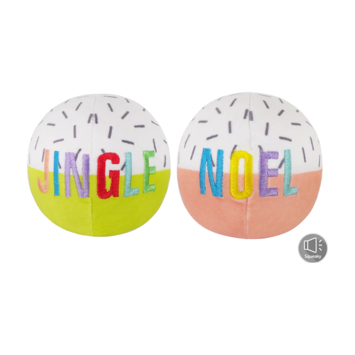 Rosewood Festive Plush Ball Duo featuring Noel and Jingle Christmas dog toys in soft colourful festive designs.