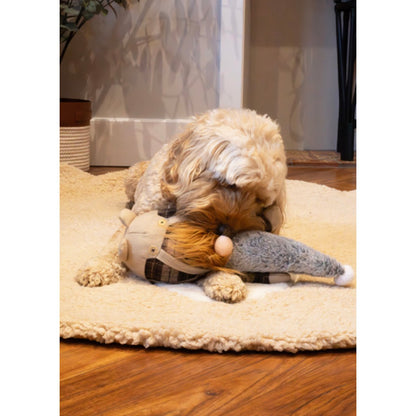 Small cream-coloured fluffy dog cuddling Rosewood Gerard Gonk plush dog toy while lying on a soft cream rug indoors.