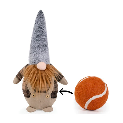 Rosewood Gerard Gonk plush dog toy pictured beside its orange squeaky tennis ball, showing the hidden play feature inside the gonk.