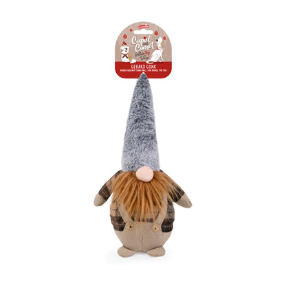 Rosewood Gerard Gonk plush dog toy with retail packaging, featuring a tall fluffy grey hat, ginger beard, brown plaid shirt and beige overalls.