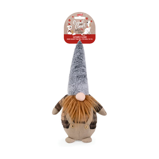 Rosewood Gerard Gonk plush dog toy with retail packaging, featuring a tall fluffy grey hat, ginger beard, brown plaid shirt and beige overalls.