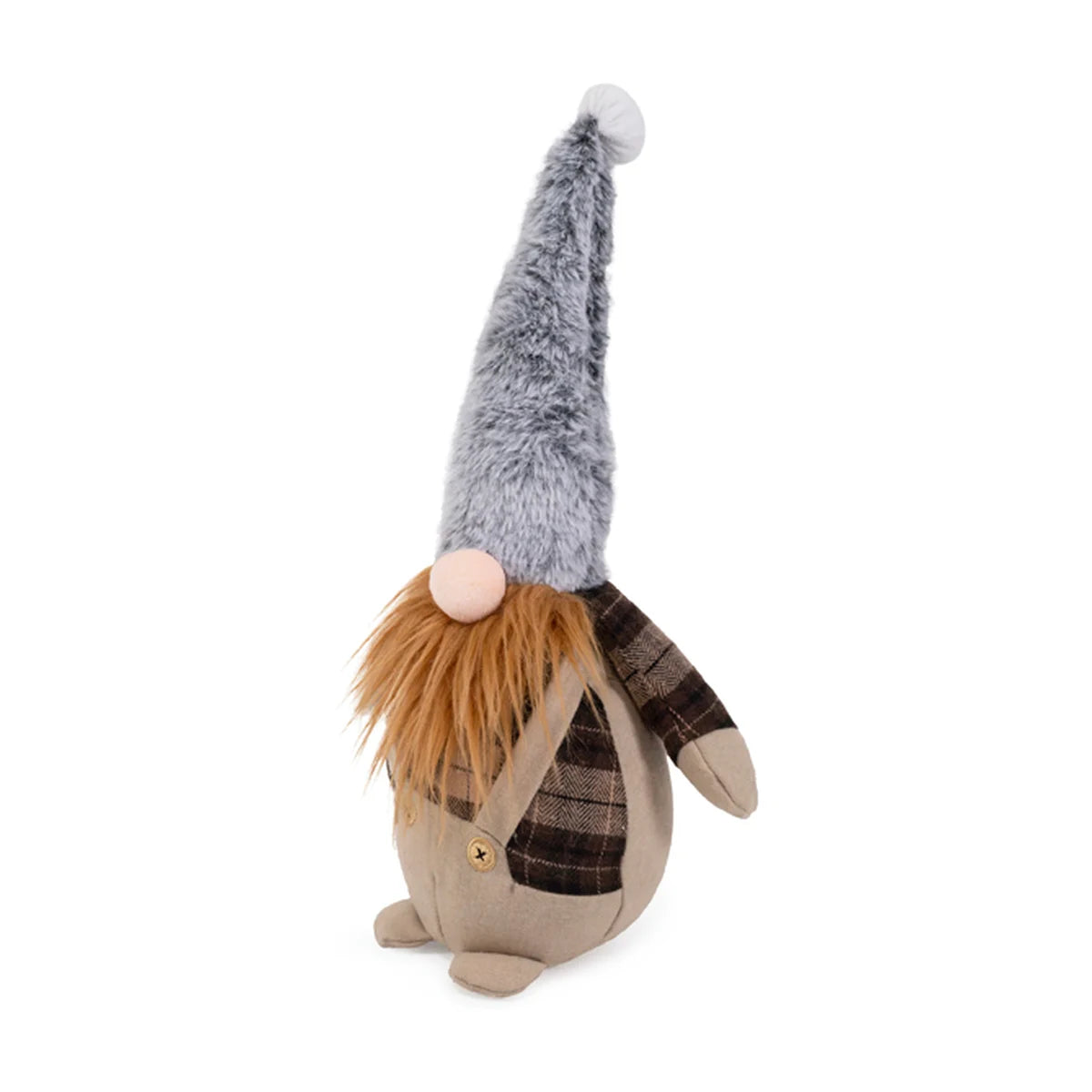 Side view of Rosewood Gerard Gonk plush dog toy showing his tall grey fluffy hat, long ginger beard, plaid shirt and beige overalls.