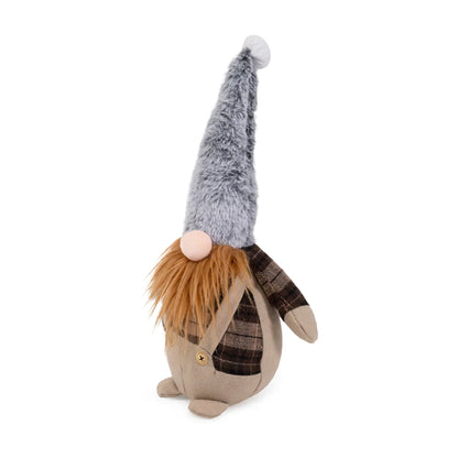 Side view of Rosewood Gerard Gonk plush dog toy showing his tall grey fluffy hat, long ginger beard, plaid shirt and beige overalls.