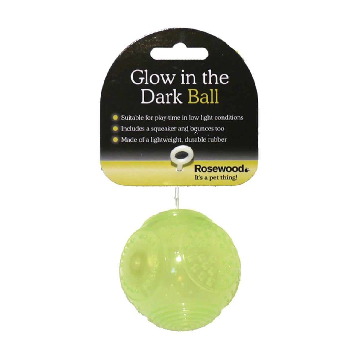 Rosewood Glow in the Dark Squeaky Ball Dog Toy in packaging