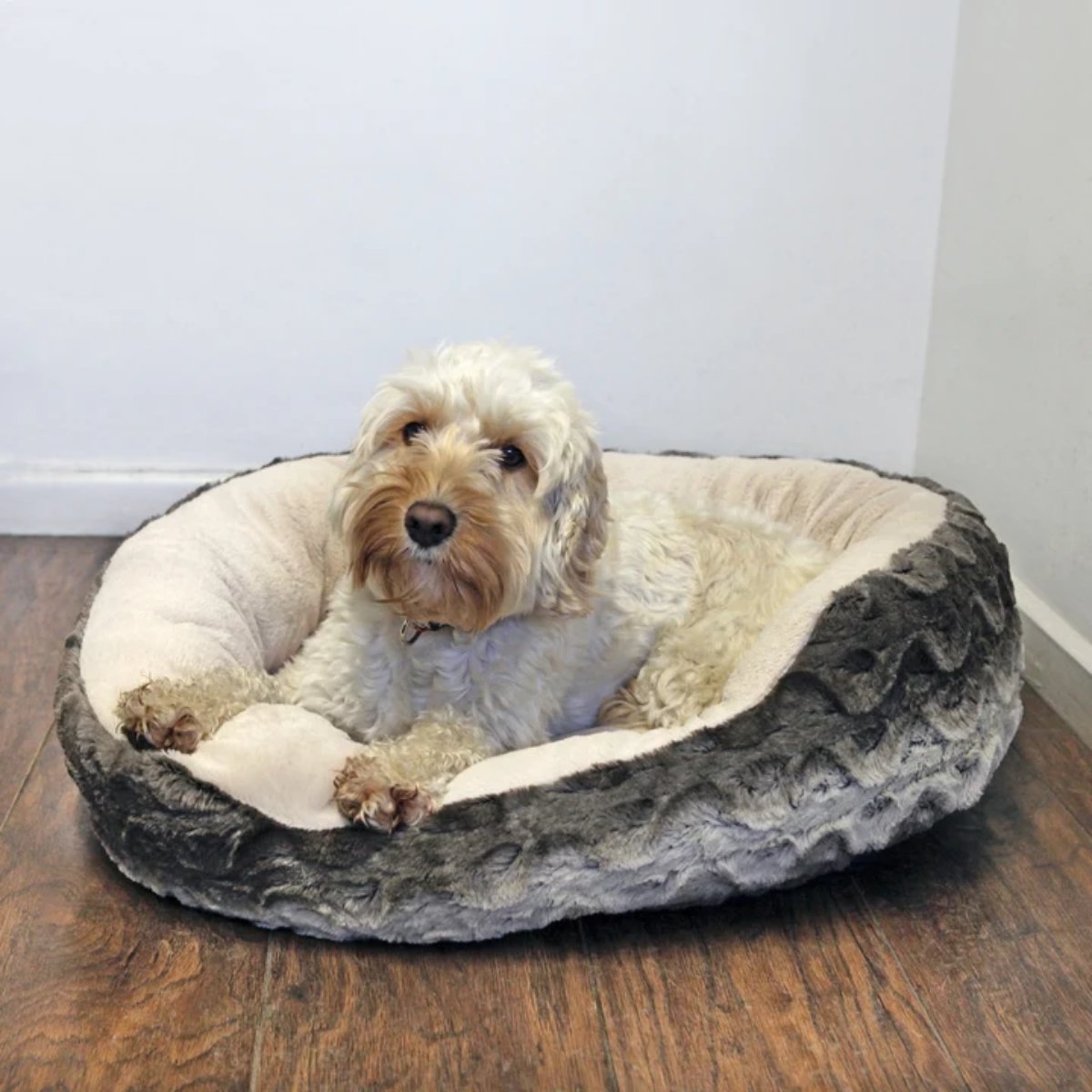 Cream-coloured dog relaxing in a Rosewood Grey & Cream Snuggle Plush Oval Pet Bed with cushioned sides and soft cream plush lining on a wooden floor.
