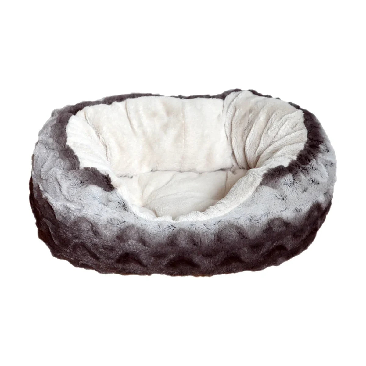 Rosewood Grey & Cream Snuggle Plush Oval Dog & Cat Bed with soft cream interior and grey patterned plush exterior, front studio view.