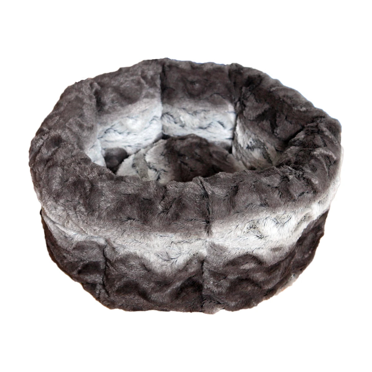 Rosewood Grey & Cream Snuggle Plush Round Dog & Cat Bed showing its soft grey patterned interior, thick padded sides and cosy round design on a white background.
