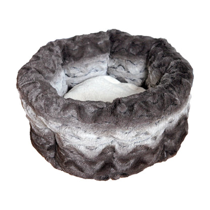 Rosewood Grey & Cream Snuggle Plush Round Dog & Cat Bed with deep cushioned walls, grey patterned plush exterior and soft cream interior on a white background.