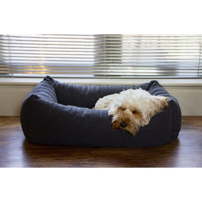 Small cream-coloured dog sleeping in the Rosewood Grey Felt Memory Foam Square Dog Bed beside a window.