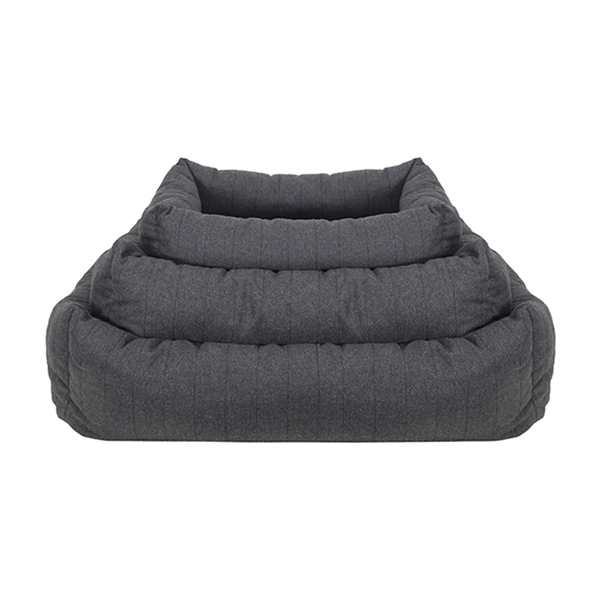 Three Rosewood Grey Felt Memory Foam Square Dog Beds stacked to show the small, medium and large size options.