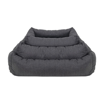 Three Rosewood Grey Felt Memory Foam Square Dog Beds stacked to show the small, medium and large size options.