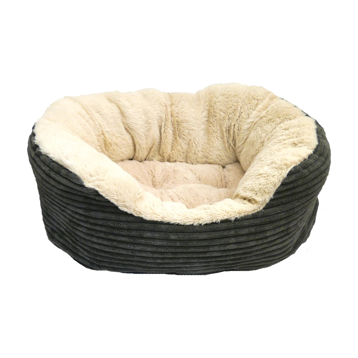 Rosewood Grey Jumbo Cord & Plush Oval Dog Bed featuring a textured grey exterior and soft cream plush padded interior on a white background.