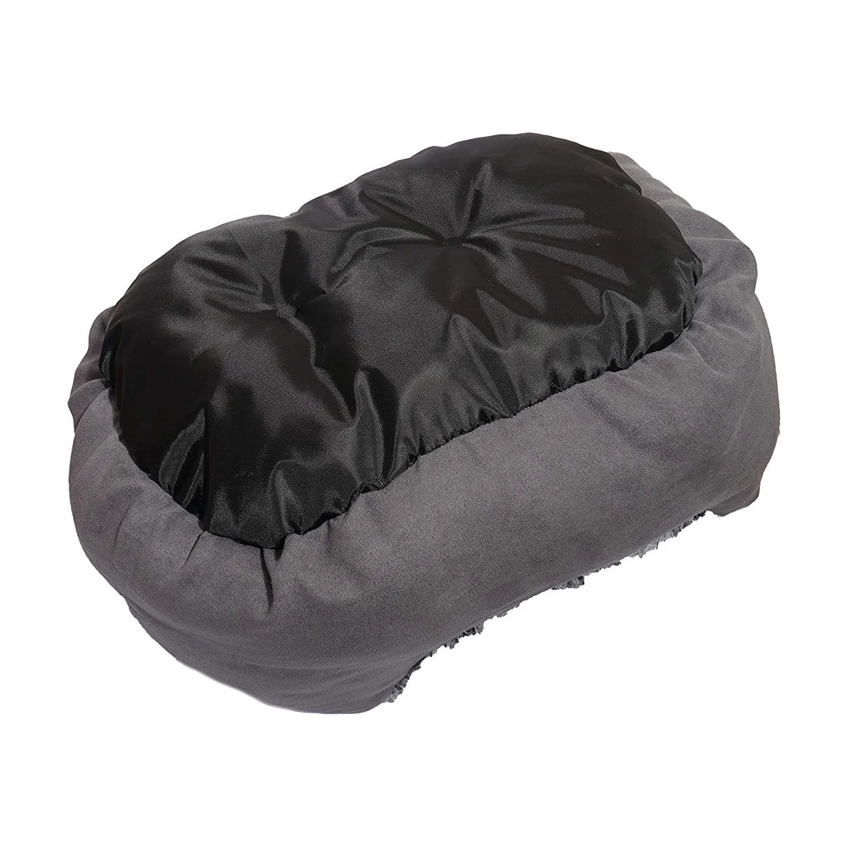 Underside view of the Rosewood Grey Lion Faux Suede Oval Dog Bed's black fabric cushion, surrounded by the grey faux suede padded sides.