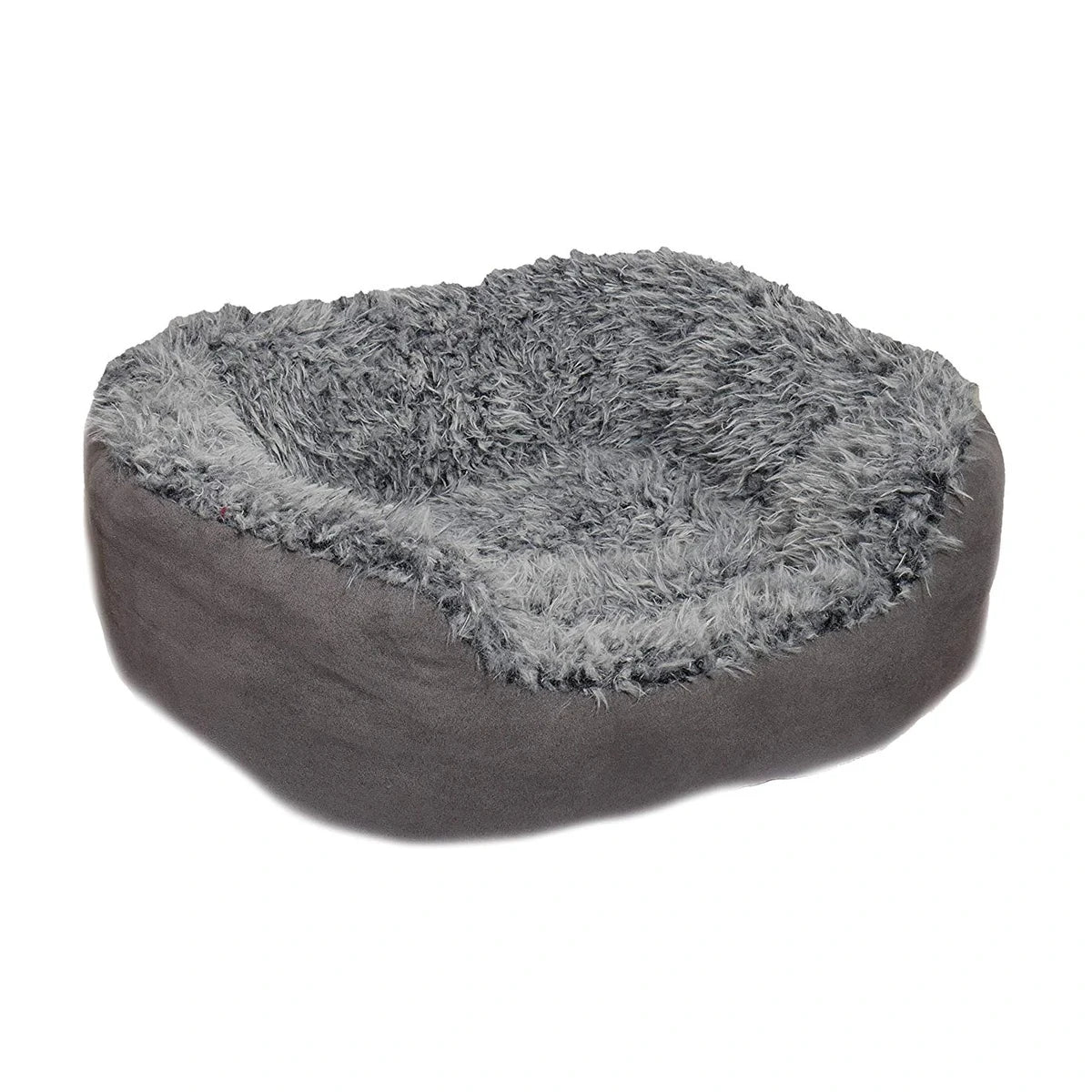 Rosewood Grey Lion Faux Suede Oval Dog Bed with luxurious fluffy grey plush lining, raised oval sides and smooth grey faux suede exterior on a white background.