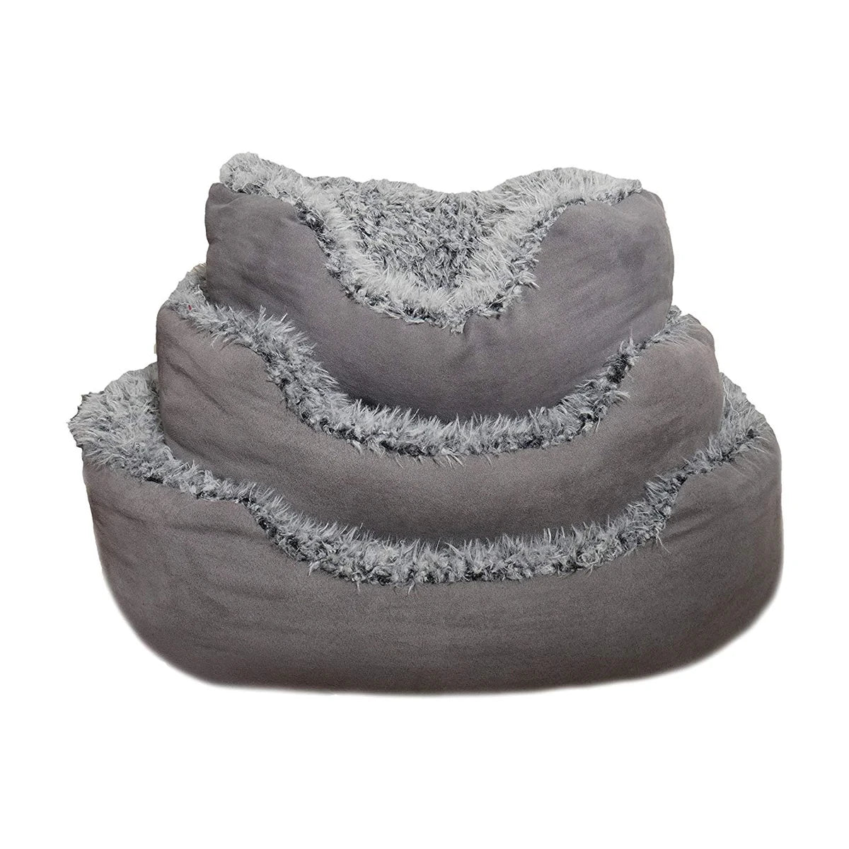 Three Rosewood Grey Lion Faux Suede Oval Dog Beds stacked by size, showing the grey faux suede outer sides and fluffy lion-style plush lining.
