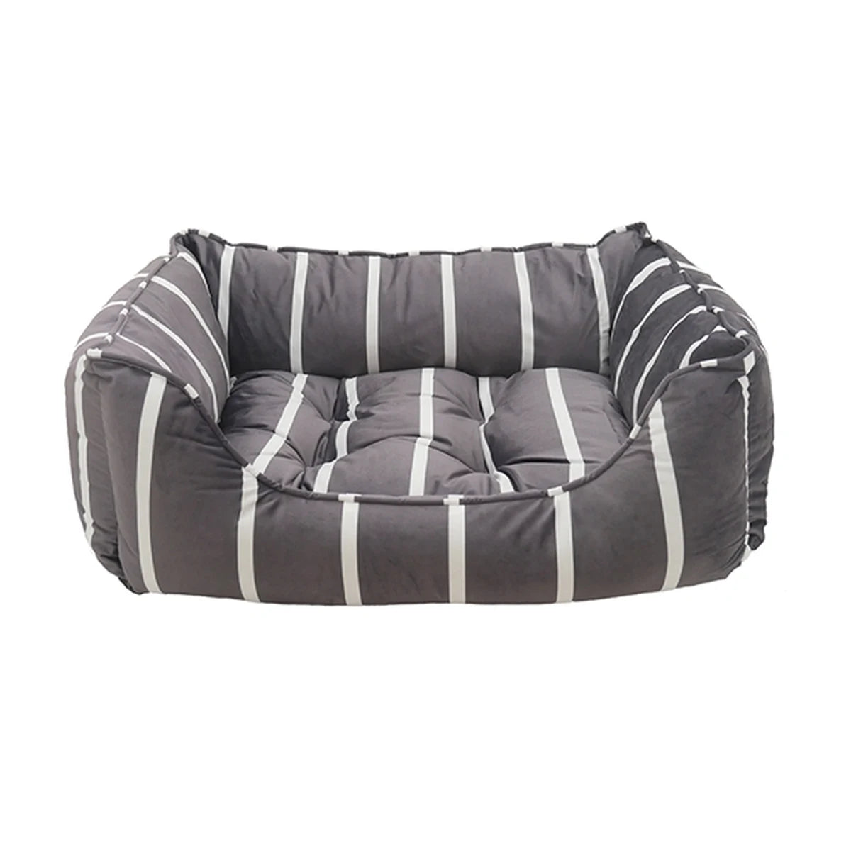 Rosewood Grey Velvet Stripes Square Dog Bed with soft padded sides, removable striped cushion and modern grey velvet finish.