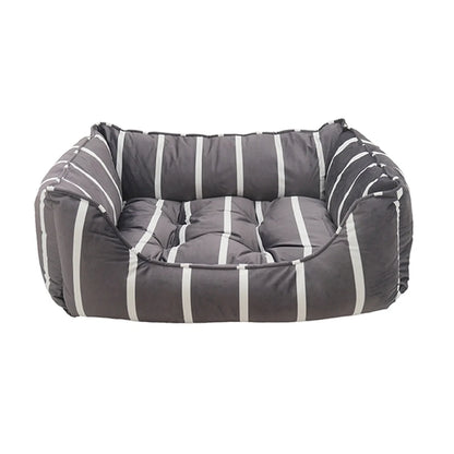 Rosewood Grey Velvet Stripes Square Dog Bed with soft padded sides, removable striped cushion and modern grey velvet finish.