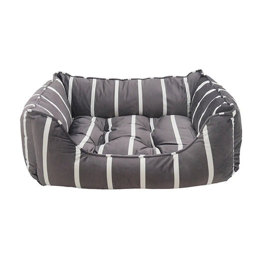 Rosewood Grey Velvet Stripes Square Dog Bed with soft padded sides, removable striped cushion and modern grey velvet finish.