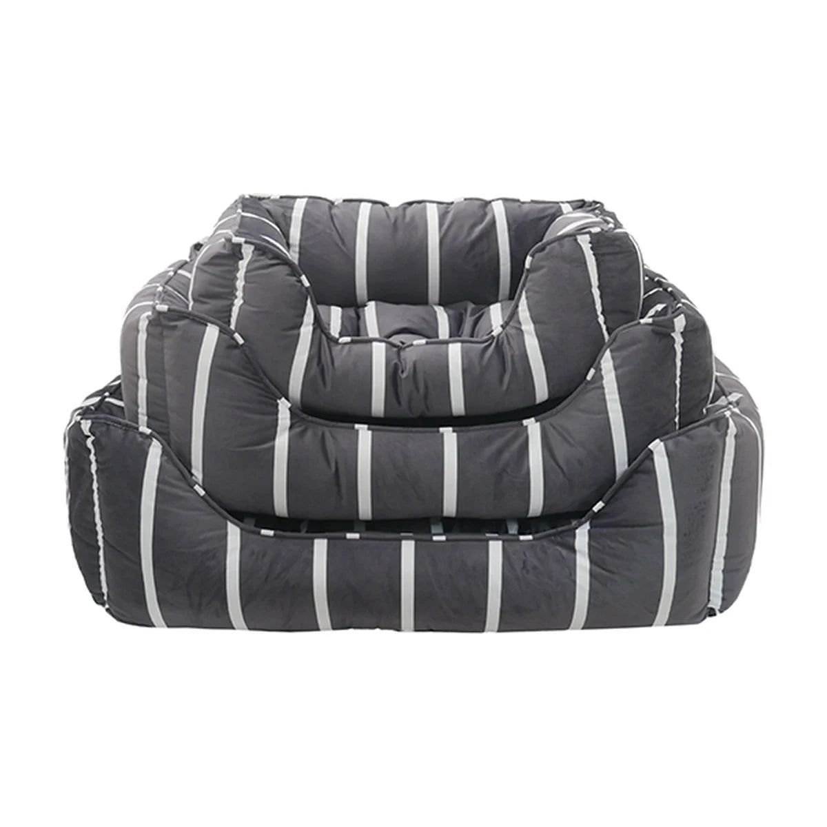 Three Rosewood Grey Velvet Stripes Square Dog Beds stacked to show small, medium and large sizes with grey velvet and contrasting stripes.
