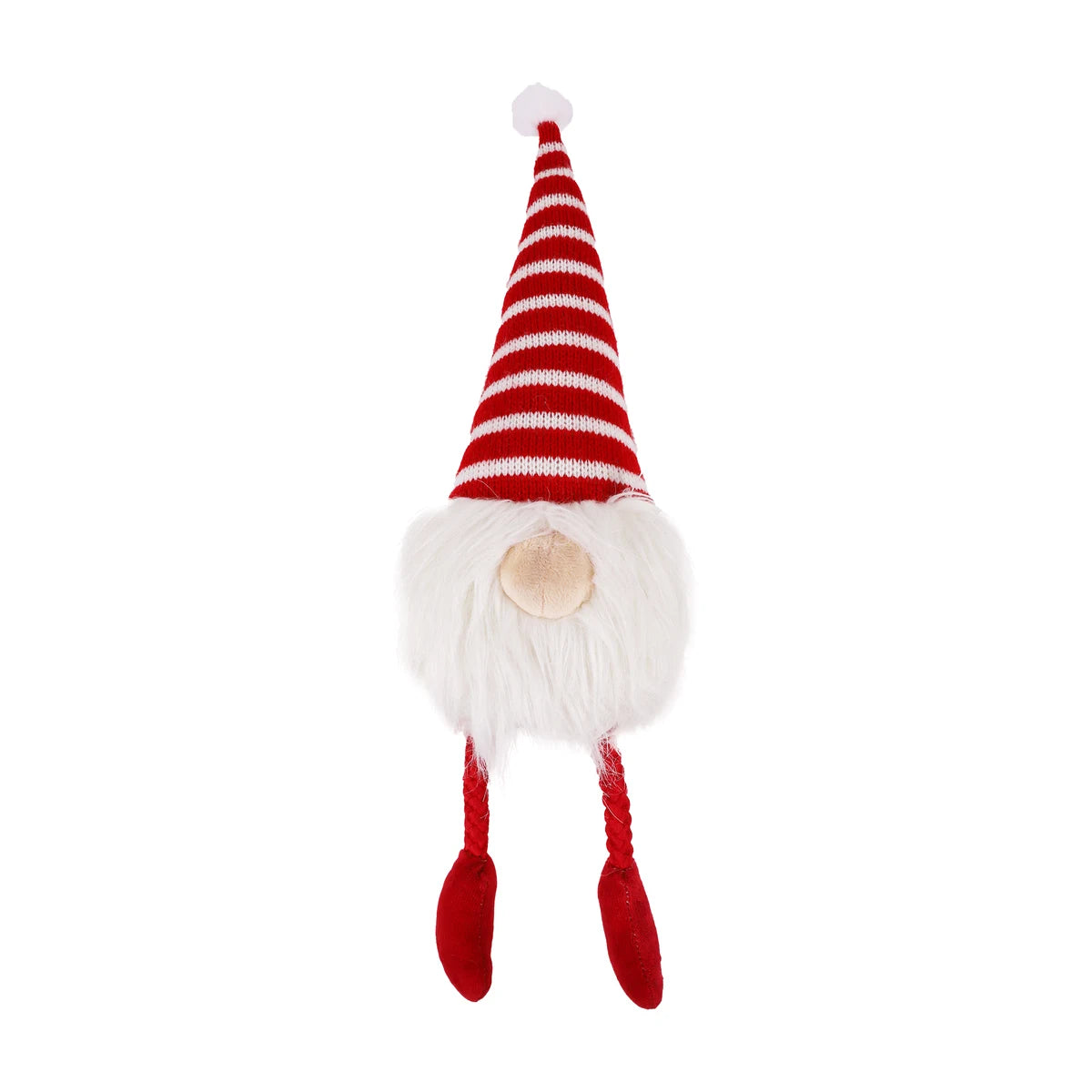 Rosewood Groopert Gonk plush Christmas dog toy with tall red and white striped knitted hat, fluffy white beard, red rope legs and velvet boots.