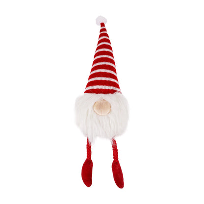 Rosewood Groopert Gonk plush Christmas dog toy with tall red and white striped knitted hat, fluffy white beard, red rope legs and velvet boots.