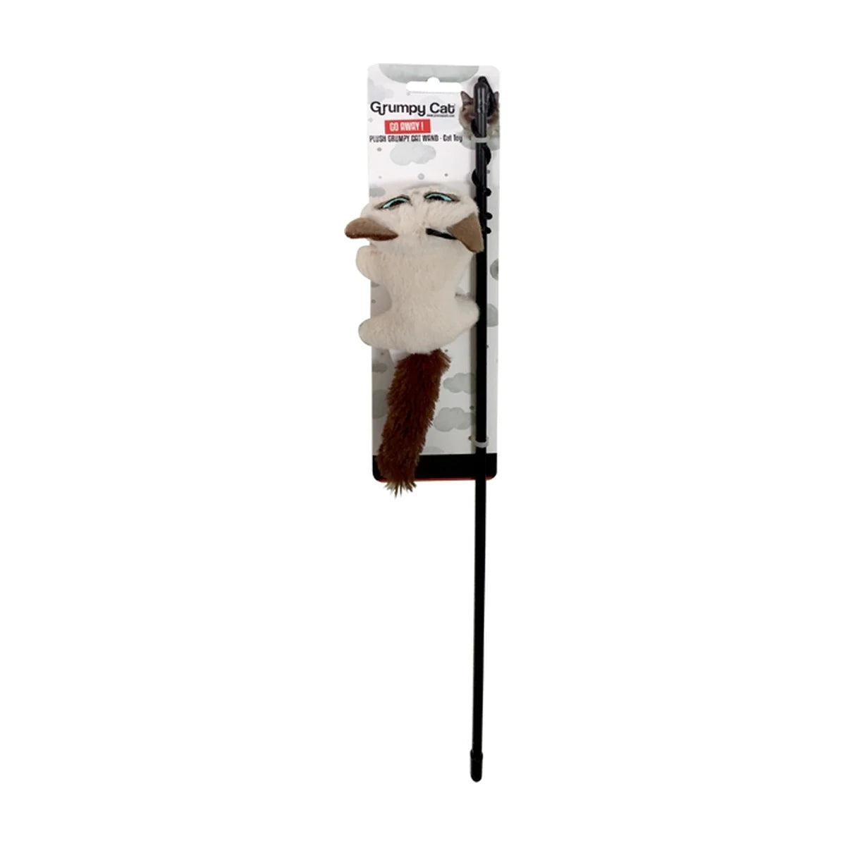 Rosewood Grumpy Cat wand cat toy in retail packaging with black wand and dangling plush cats
