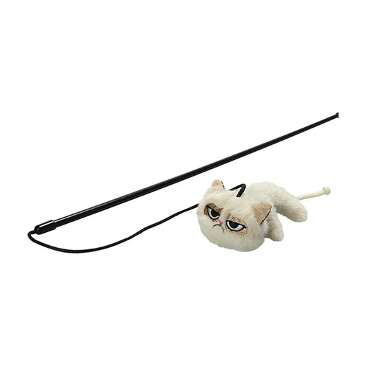 Rosewood Grumpy Cat interactive cat wand with fluffy plush cat and rope tail on a white background