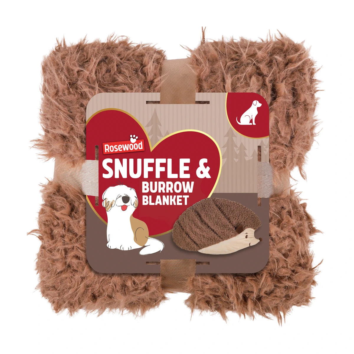 Rosewood Hedgehog Snuffle & Burrow Blanket for dogs and cats, folded in soft brown fluffy fabric with original Rosewood product packaging.