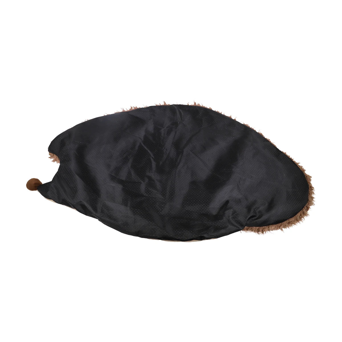 Underside of Rosewood Hedgehog Snuffle & Burrow Blanket showing its black fabric backing, hedgehog nose and fluffy brown edges.
