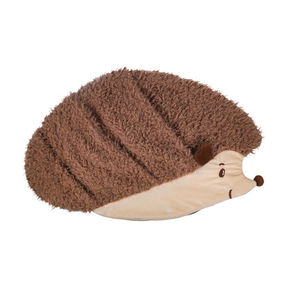 Rosewood Hedgehog Snuffle & Burrow Blanket unfolded to reveal its fluffy brown hedgehog body, cream-coloured face and burrowing design.