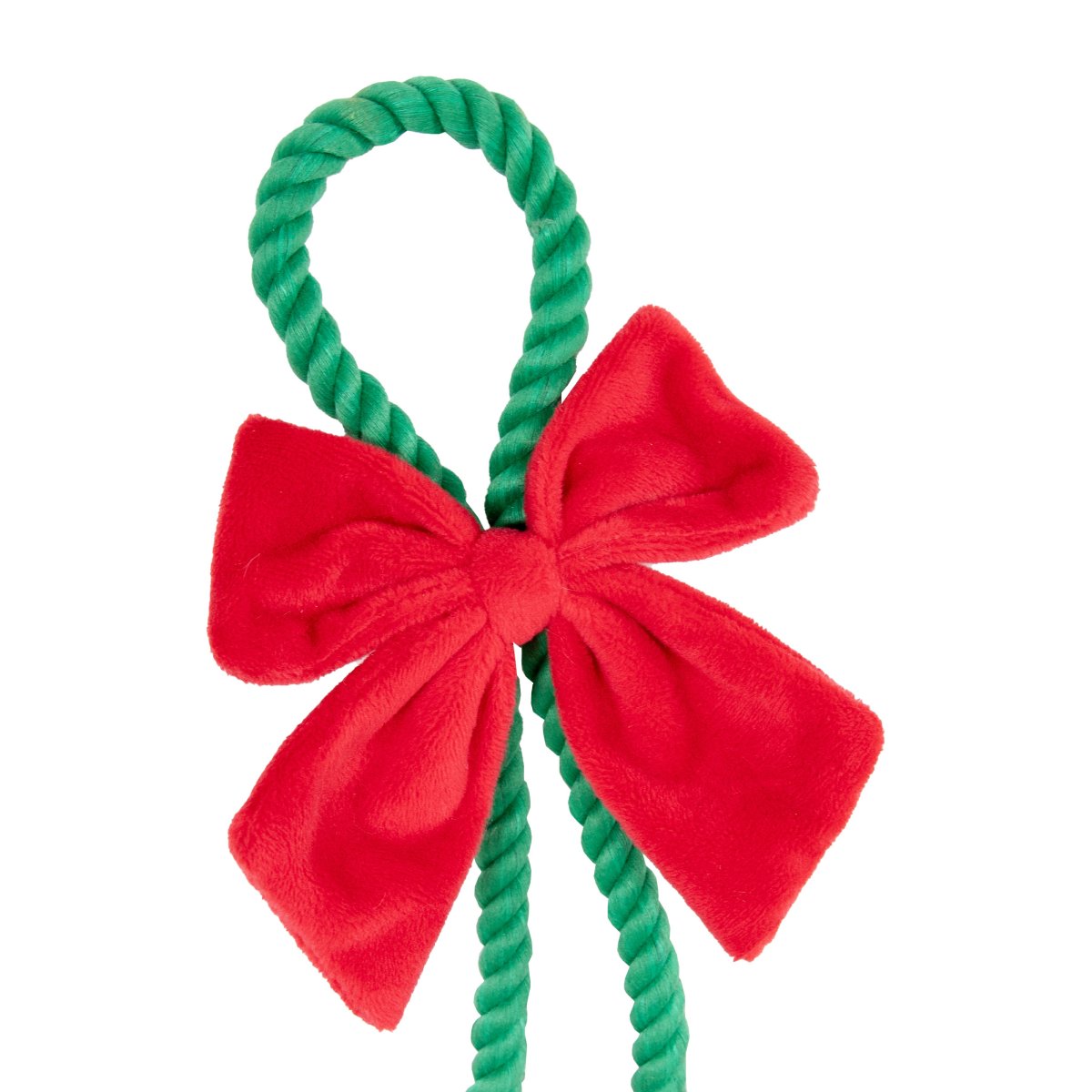 Close-up of Rosewood Holly Jolly festive dog toy showing the green twisted rope loop and large soft red Christmas bow.