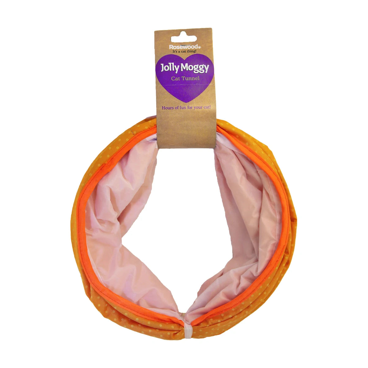 Rosewood Jolly Moggy Cat Tunnel packaged orange collapsible crinkle tunnel for cats
